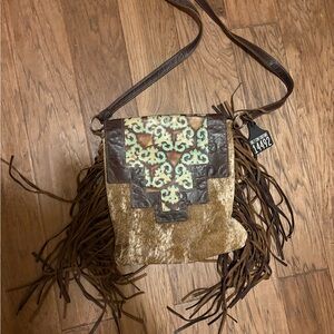 Holy Cow Couture Fringe Crossbody Bag in Brown and Mint